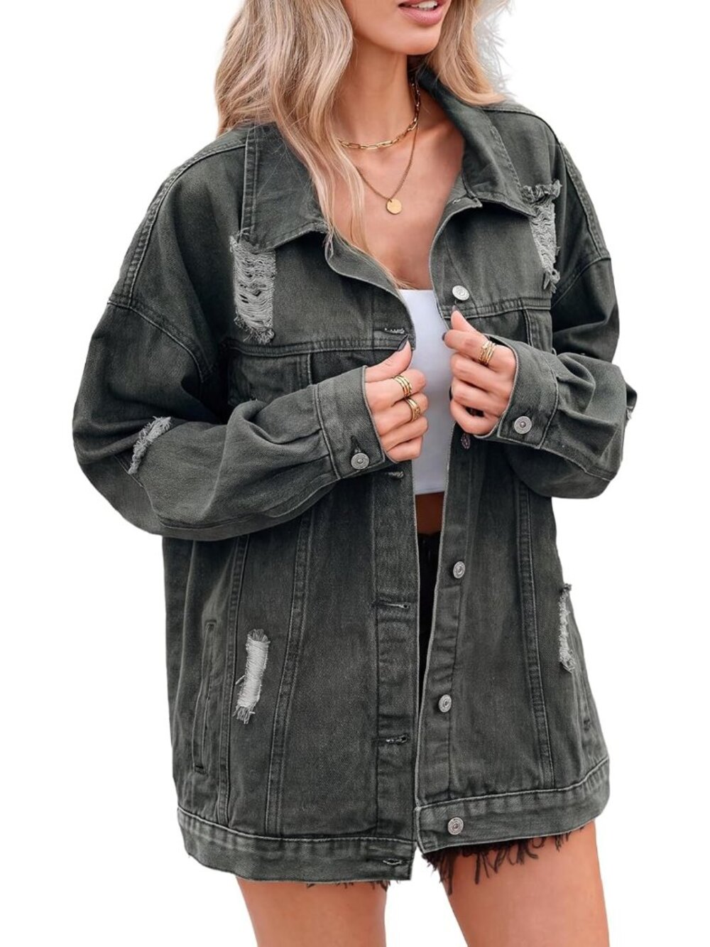 〽️Women's Green Light Wash Oversized Distressed Denim Boyfriend Fit Jean Jacket